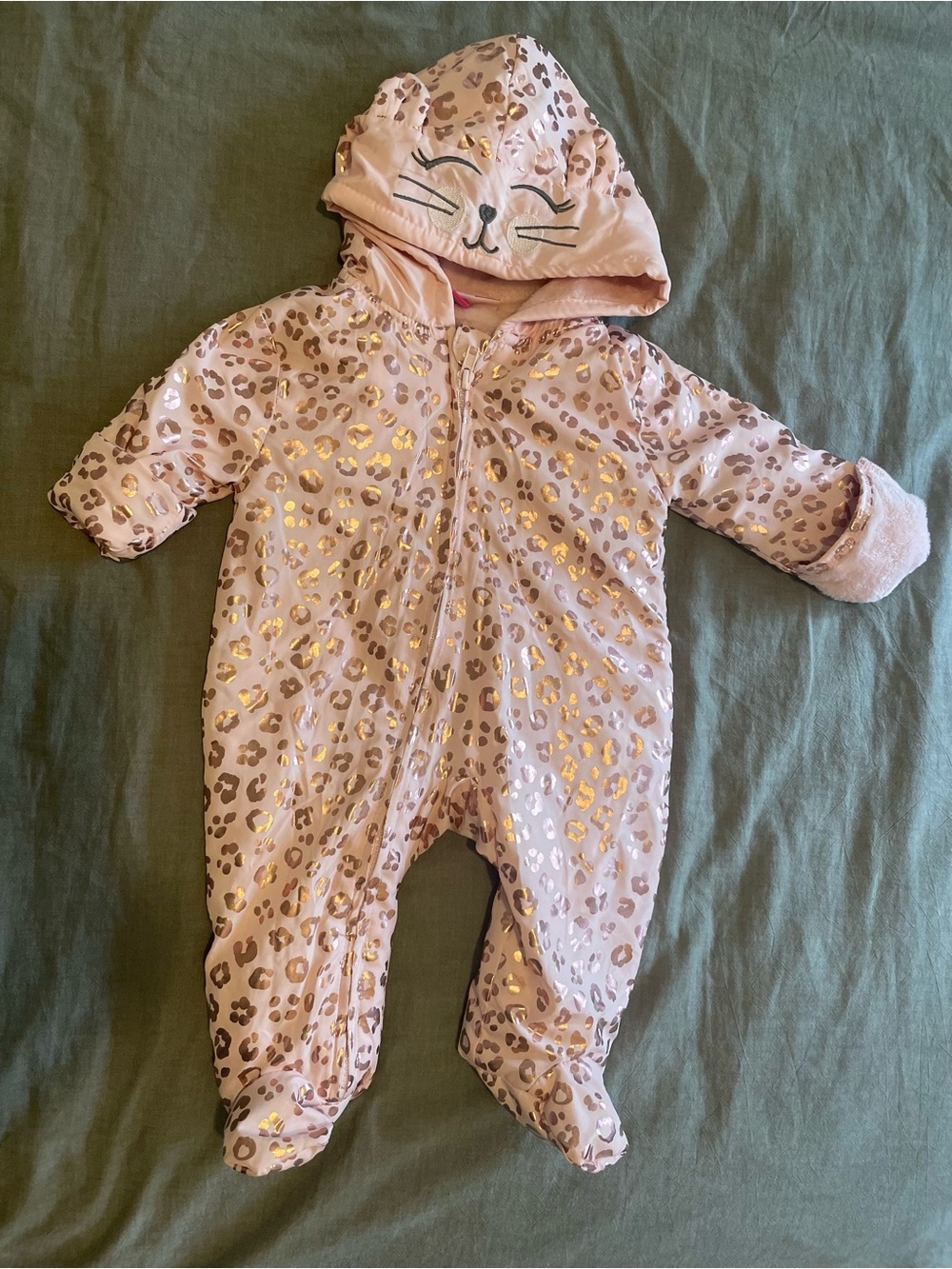 Baby Pink Leopard Hooded One-Piece with metallic Gold Accents 0-3 month